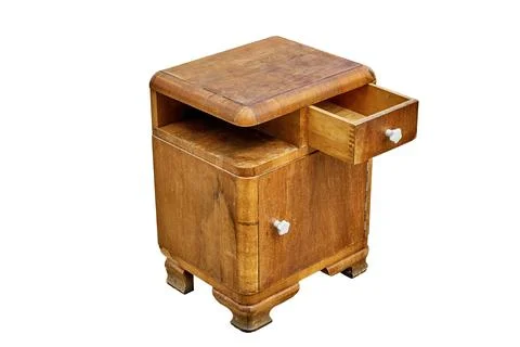 Old bedside table in mid-century style isolated on white background. Bedroom Stock Photos