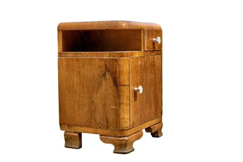 Old bedside table in mid-century style isolated on white background. Bedroom Stock-Fotos