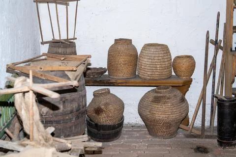 Old beekeeping, beehive tools in an old warehouse Stock Photos