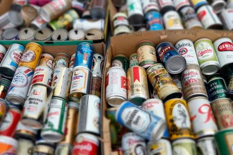 Old Beer Cans in Box Stock Photos