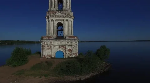 Old belfry in the middle of the river Volga in Kalyazin. Stock Footage 63766862