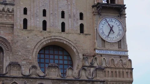 Old bell tower clock with Latin motto on Palermo Cathedral, Italy Stock Footage 88602866