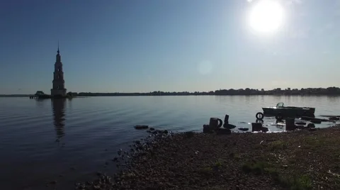 Old bell tower in the middle of the river. Stock Footage 63762900