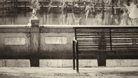 Old bench with river and tree at the background,Sepia tone Foto stock
