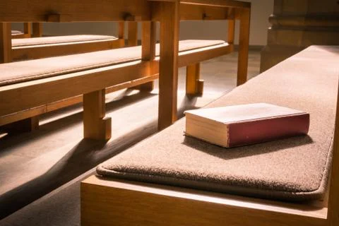 Old Bible Red Book Empty Template Lying Church Pew Bench Woodd Cushion Padd.. Stock Photos