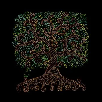 Old big family tree with roots. Isolated on black background. Concept Art for Stock Illustration