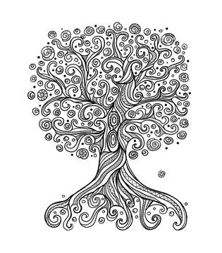 Old big family tree with roots. Isolated on white background. Concept Art for Stock Illustration