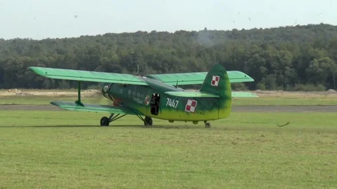 Old biplane on a grass runway. Video stock 145376074