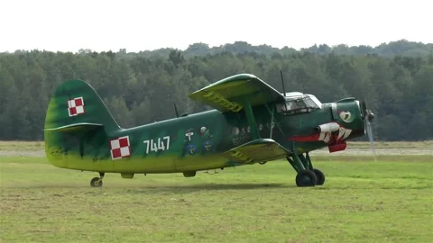 Old biplane on a grass runway. Stock Footage 145568099