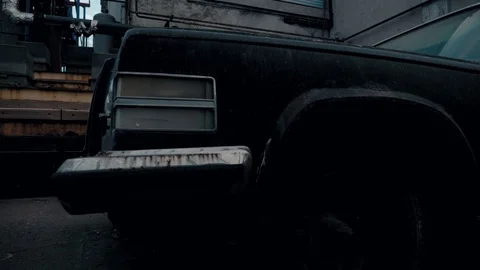 Old black abandoned rusty coffin. Legendary car. Stock Footage 106625949