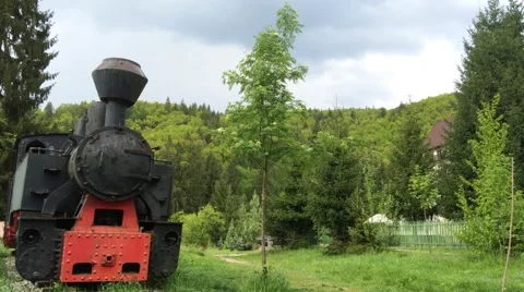 Old black and red train sitting on tracks in the green forest Stock Footage 63100675