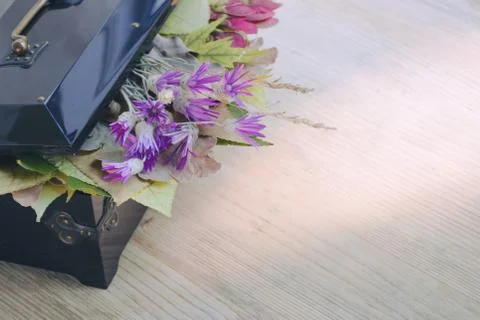 Old black box with open lid, under which are autumn leaves and wildflowers. Stock Photos