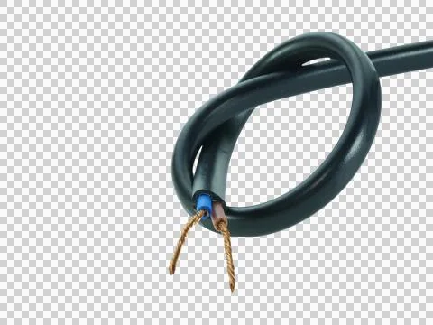 Old black electrical wire is damaged isolated on transparent background. Stock Photos