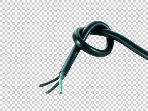Old black electrical wire is damaged isolated on transparent background. Stock Photos