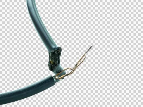 Old black electrical wire is damaged isolated on transparent background. Stock Photos