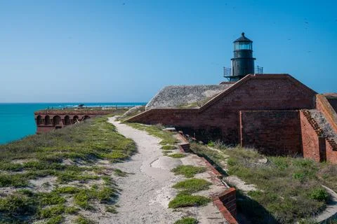 Old black lighthouse on a rooftop of old military fort in Florida. Ocean horizon Stock Photos