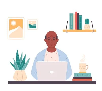 Old black man working on computer at home. Online education, web courses Иллюстрация