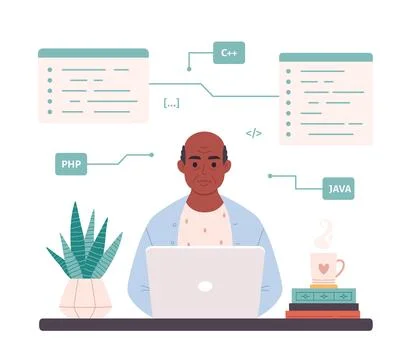 Old black man working on computer at home. Online education, web courses Stock Illustration