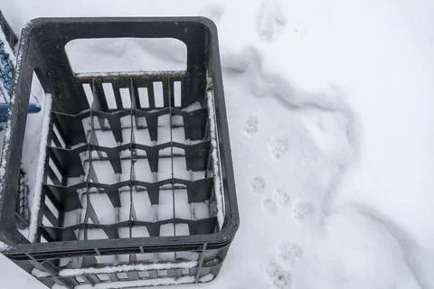 An old black plastic empty beer crate on the snow. Nearby are the traces of the Stock Photos