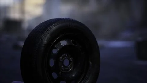 Old black tire held in hand against a blurred background in urban area Stock Illustration