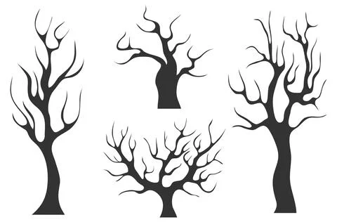 Old black trees without leaves. Set of old black trees isolated on white 스톡 일러스트