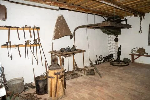 Old blacksmith tools in a farrier's workshop Stock Photos