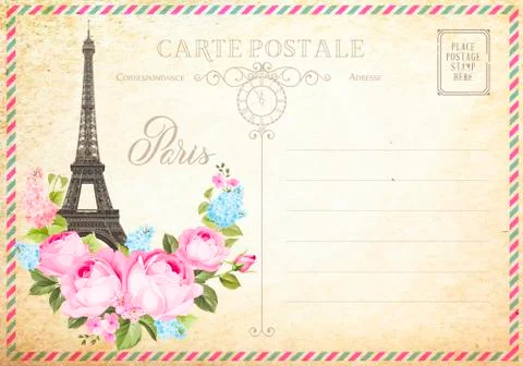 Old blank postcard with post stamps and eiffel tower with spring flowers on the イラスト素材