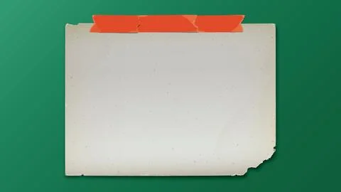 Old blank rectangular paper with stains stick by orange adhesive tape on gr.. Stock Illustration