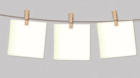 Old blank square notepapers hanging on the rope by wooden clothespins with .. Stock Illustration