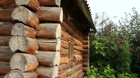 Old blockhouse wall in the garden vertical panning Stock Footage 65448345