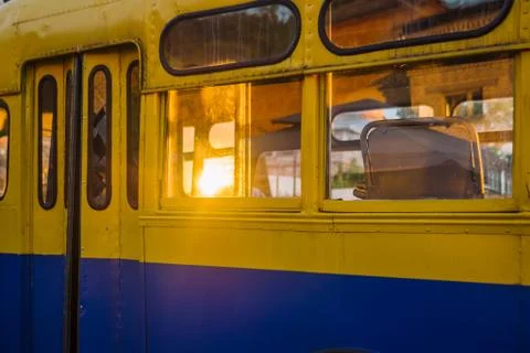 Old blue bus with yellow elements. Museum exhibit at the exhibition of techno 스톡 사진