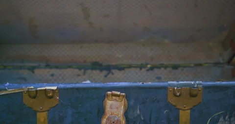 Old blue chest on the grass / Closing in slow motion Vídeo Stock 130928743