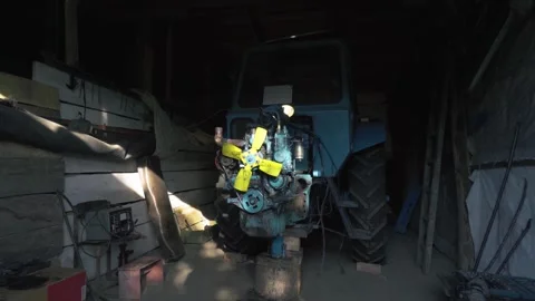 Old blue retro tractor engine Video stock 343612431