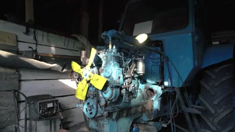 Old blue retro tractor engine Video stock 343612490