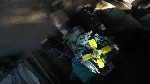 Old blue retro tractor engine Video stock 343612569