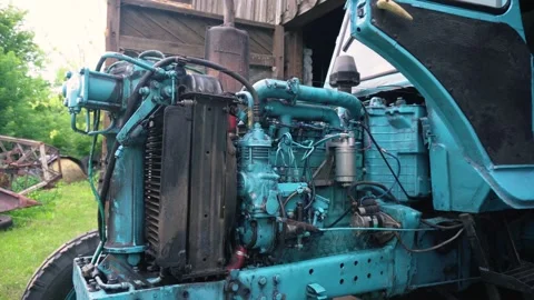 Old blue retro tractor engine Video stock 343613049
