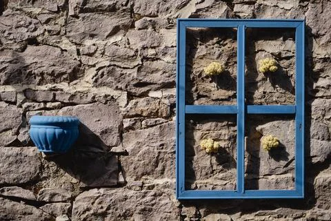 Old blue window frame Stock Photos