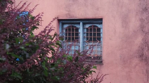 Old Blue Wooden Window with rusty iron grills set into a textured peach wall, pa Stock Footage 344032413
