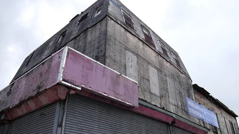 Old Boared Graffiti Building Lockdown Foggy Day Video stock 129581039