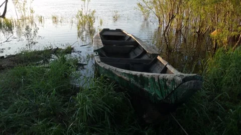 Old boat on Ob river close-up Stock Footage 281495375