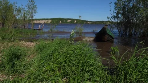 Old boat on Ob river Stock Footage 281495114