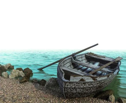 Old boat on a pebble beach on isolate white background Illustrazione stock