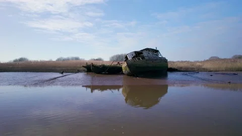 Old Boat Wrecks on the River Exe in Topsham from a drone, Exeter, Devon Stock Footage 169257567