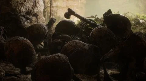 Old bones, skulls and skeletal remains lie in a dark old and scary cave. Ancient Stock Illustration