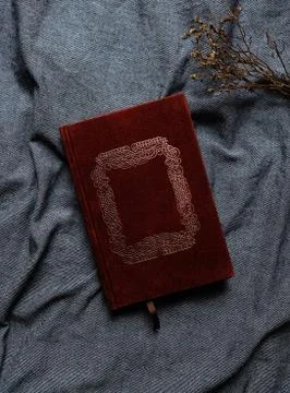 Old book cover in red canvas with embossed golden abstract decorations with copy Stockfoto's