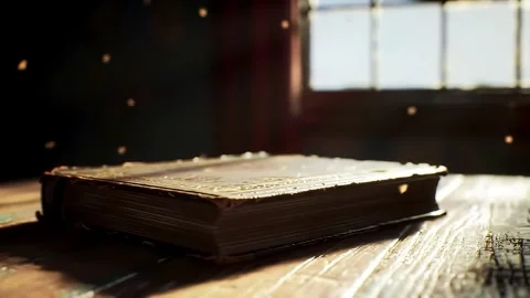 Old Book Lying on Wooden Table with Sunlight Streaming Through Window Stock Footage 313324228