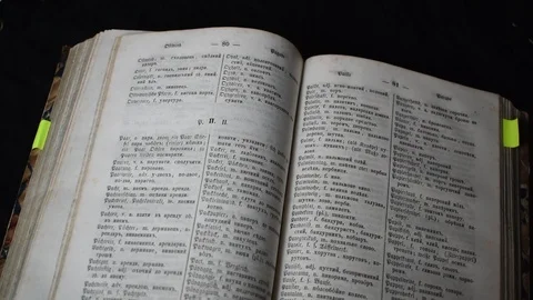 Old book open. Words that form texts. Colored bookmarks Stock Footage 119128552