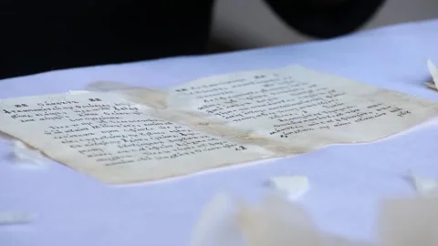 Old book page being restored close-up Stock Footage 152176655