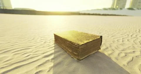 Old book resting on sandy beach at sunset near urban buildings Stock Illustration