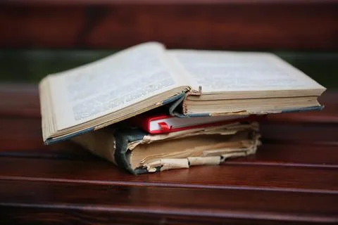 Old books bench reading study Stock Photos
